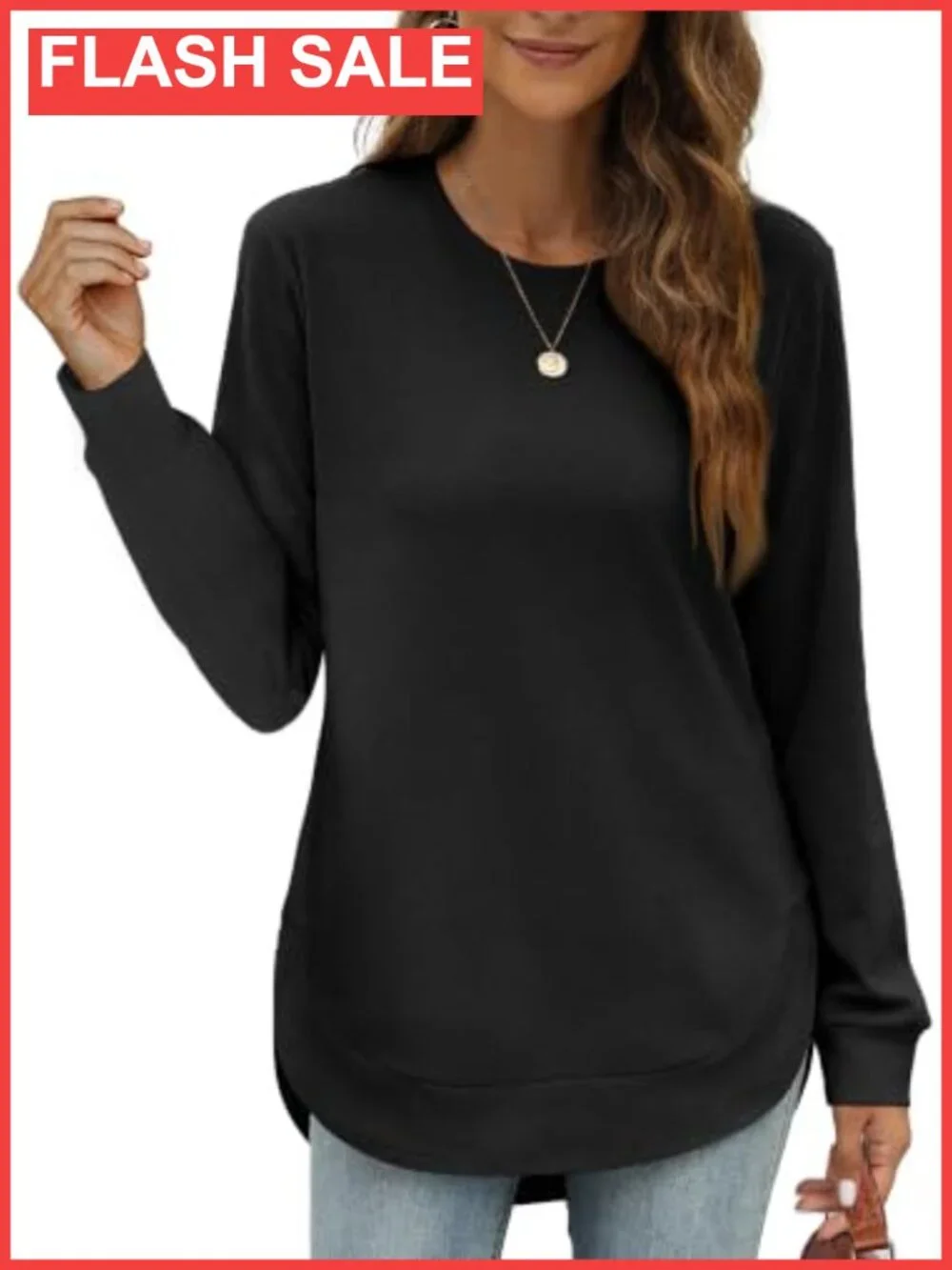 Womens Sweatshirt Crewneck Long Sleeve High Low Tunic Curved Hem